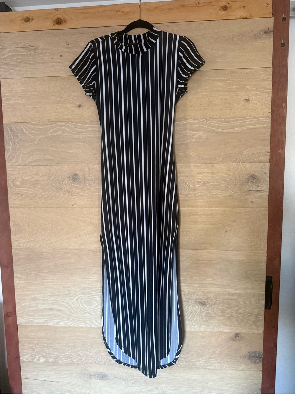 Discreet Black and White Vertical Stripe High-Low Maxi Dress